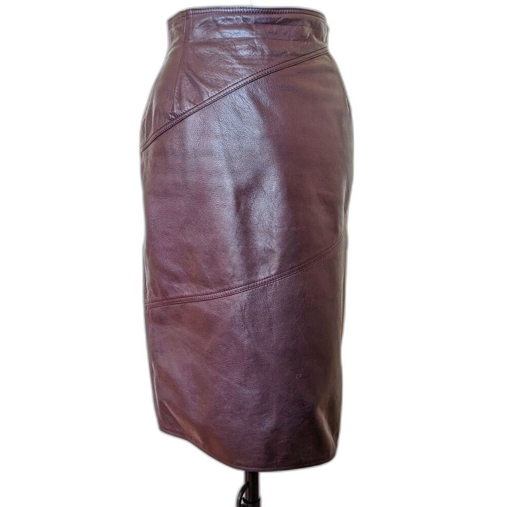 Vintage MASKA Plum Leather Made In Italy Diagonal Seam Detail Midi Skirt, Sz 2/4